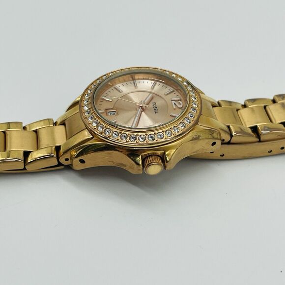 Fossil Mini Riley Watch Women Pave 30mm Gold Tone Date ES 2889 New Battery 6.5" - Picture 4 of 14